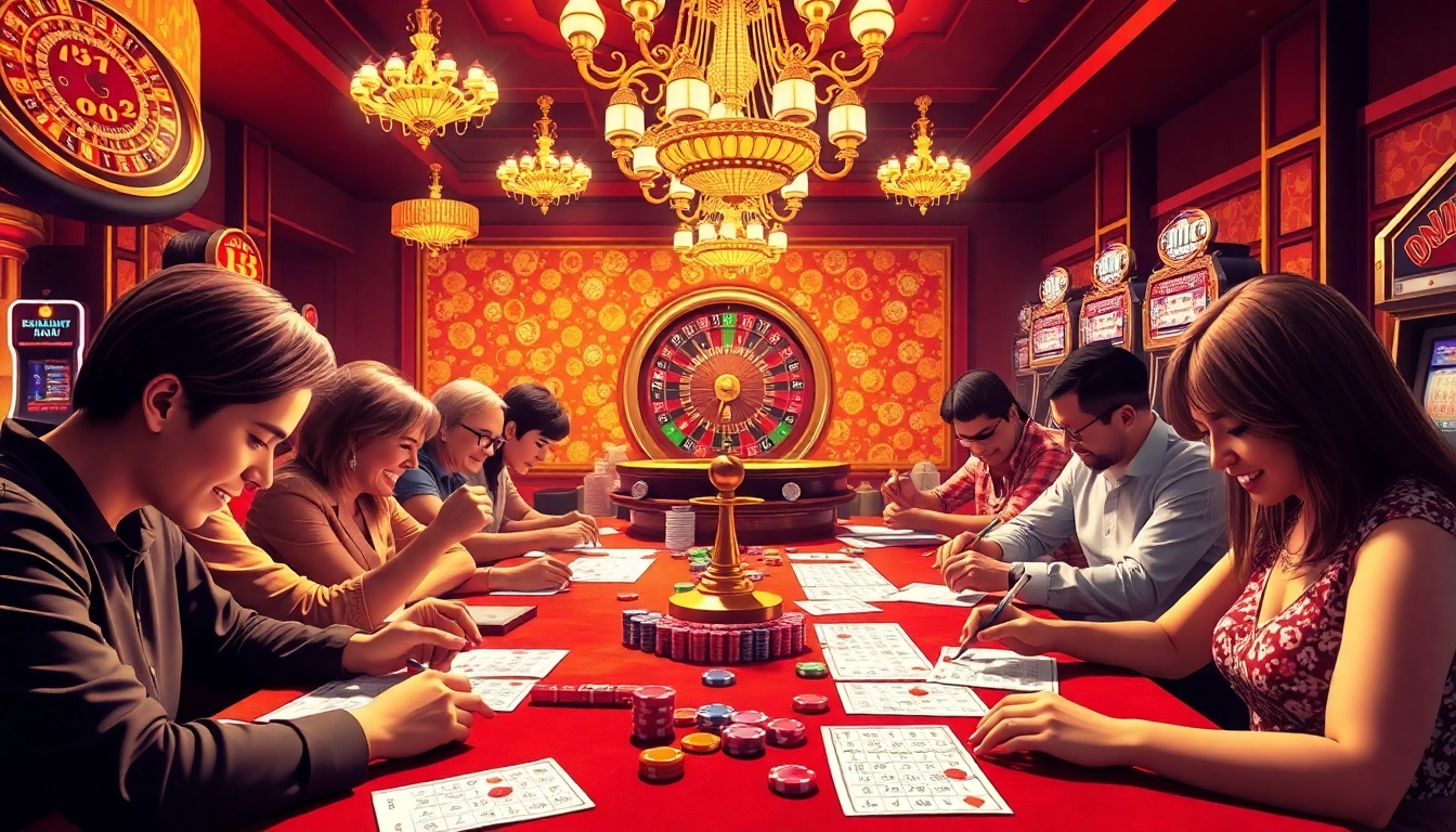Players engaging in a lively bingo game at a 토토 사이트 with colorful cards and vibrant chips.