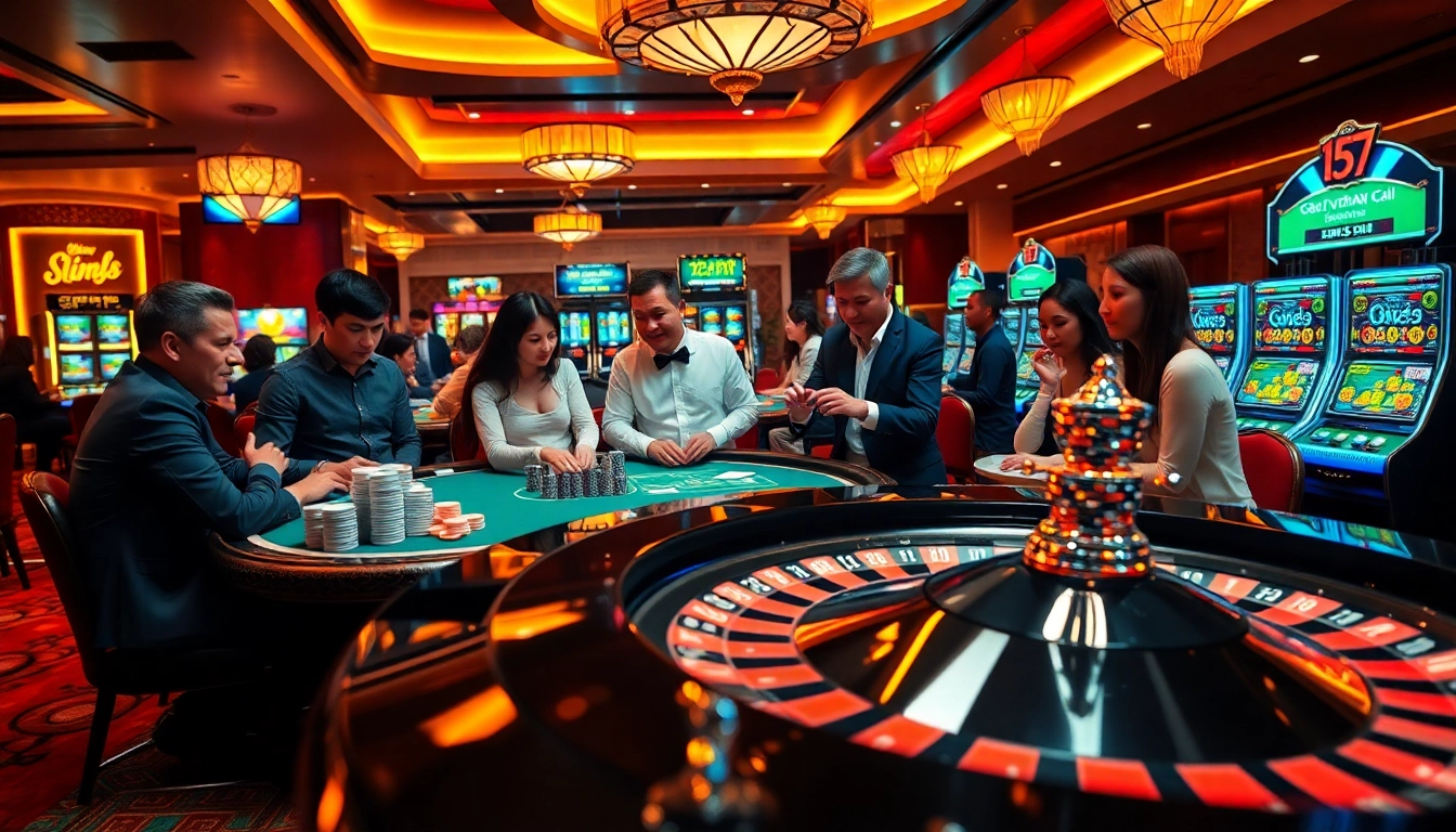 Players engaging in strategic bets at a vibrant casino featuring kèo nhà cái odds, illuminated table games, and colorful slot machines.