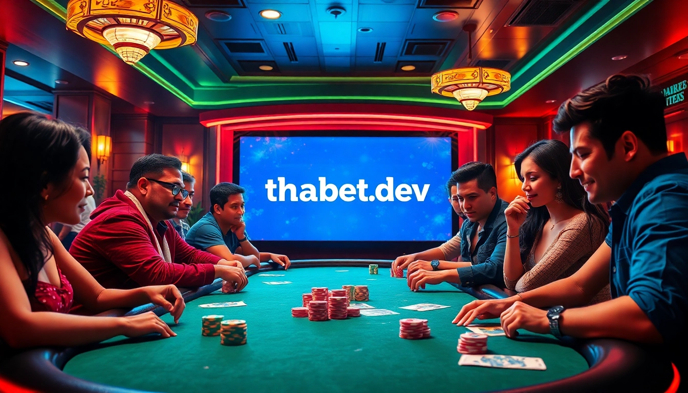 Players enjoying a thrilling poker game at https://thabetcom.dev/, showcasing vibrant chips and cards.