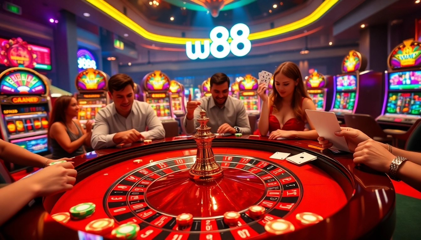 w888 casino scene showcasing players at a roulette table with colorful chips and slot machines.