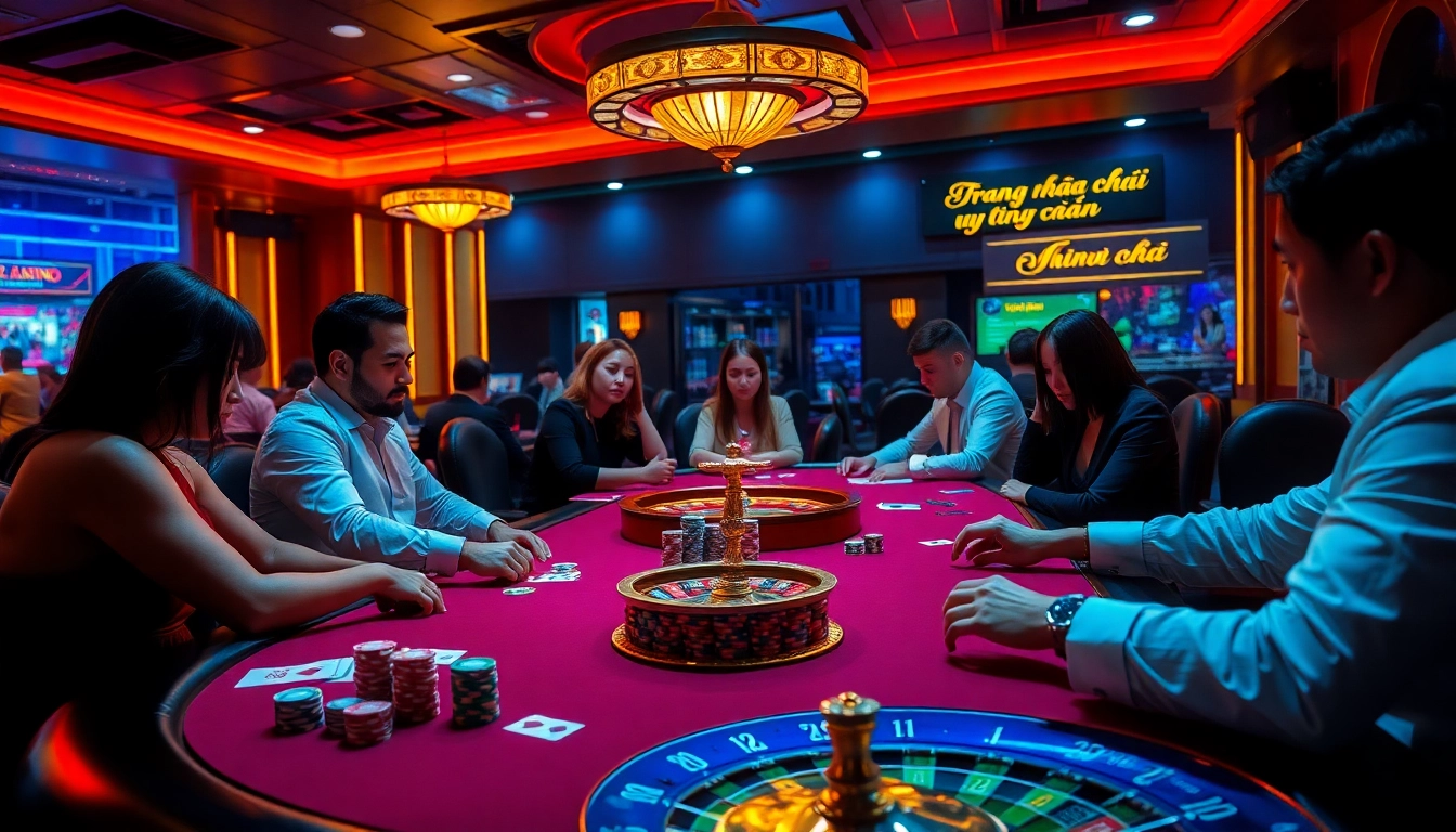 Experience the thrill of gambling with a focus on trang nhà cái uy tín, showcasing an engaging poker table scene filled with vibrant chips and cards.