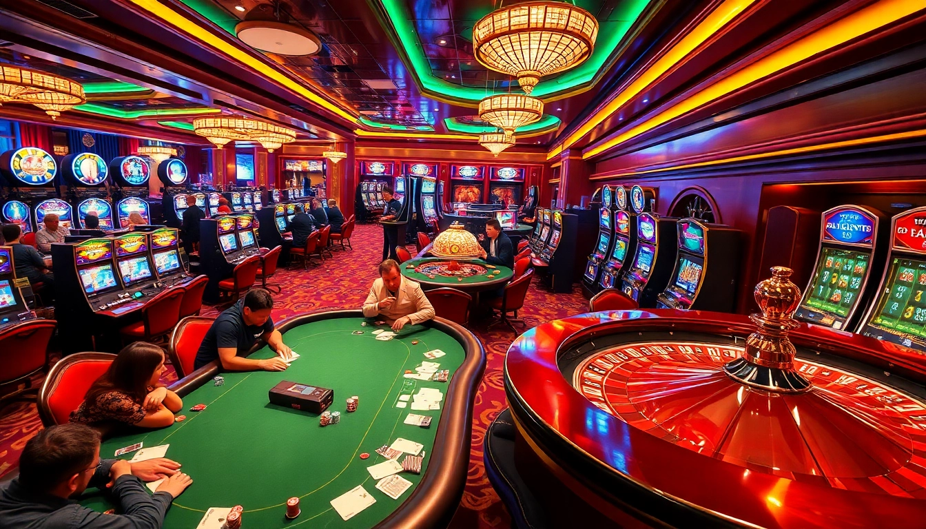 Experience thrilling gameplay at https://nohu90g.com with players engrossed in poker, bright slot machines, and a spinning roulette wheel.