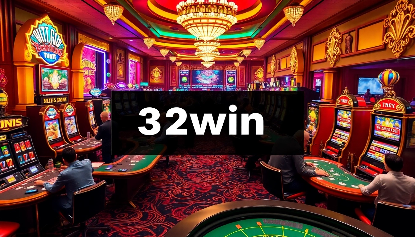 Experience the thrill of winning at https://32win.army/ with players engaging at casino tables and vibrant slot machines.