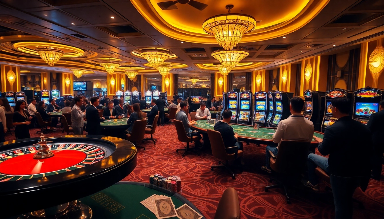 Exciting casino gaming action at trang chủ Debet with players at roulette and poker tables.