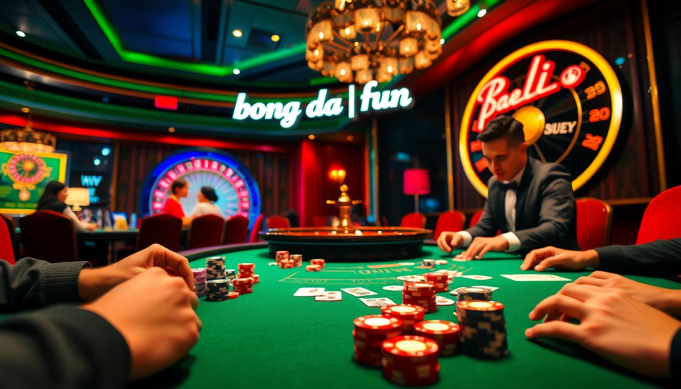 Engage in the thrilling world of poker at bong da lu fun with vibrant tables and intense gameplay, all in an upscale casino setting.