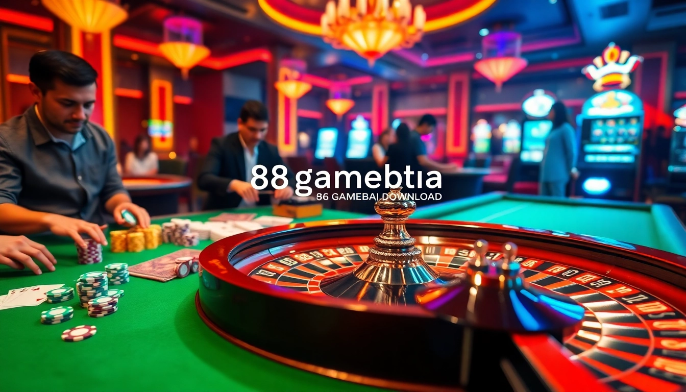 Experience the thrill of betting at https://68gamebai.download/, featuring players around a roulette wheel in a vibrant casino scene.