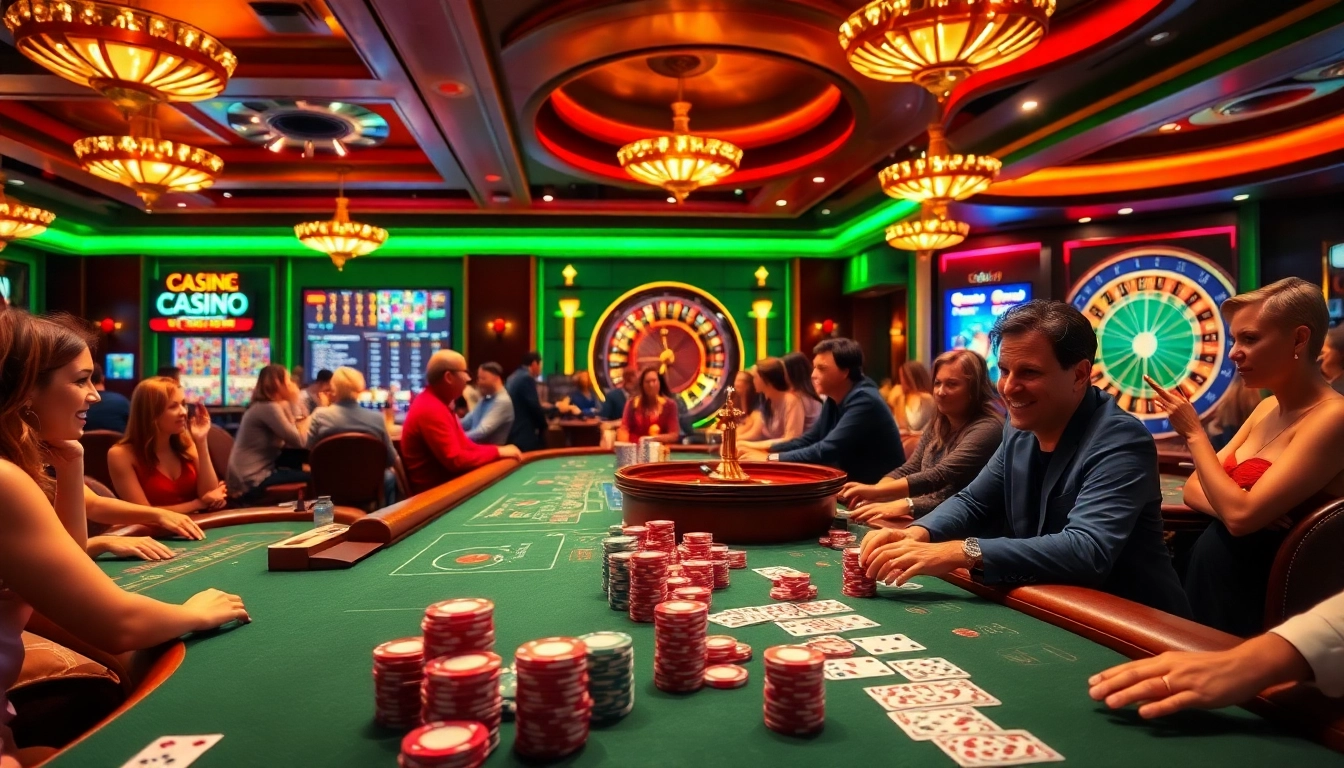 Engaging casino scene at https://nohu90g.com featuring vibrant gaming activities and lively players at the tables.