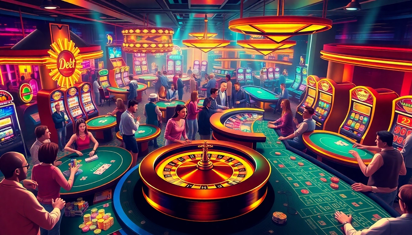 A lively casino floor where players engage in debet strategies, surrounded by flashing slot machines and vibrant poker tables.