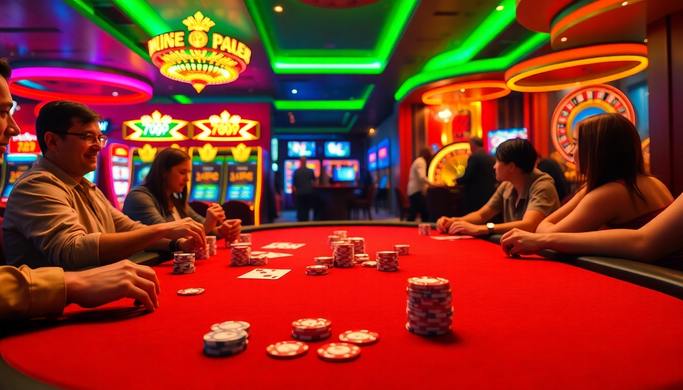 Experience the excitement of 789P with players at a lively poker table, vibrant chips, and casino ambiance.