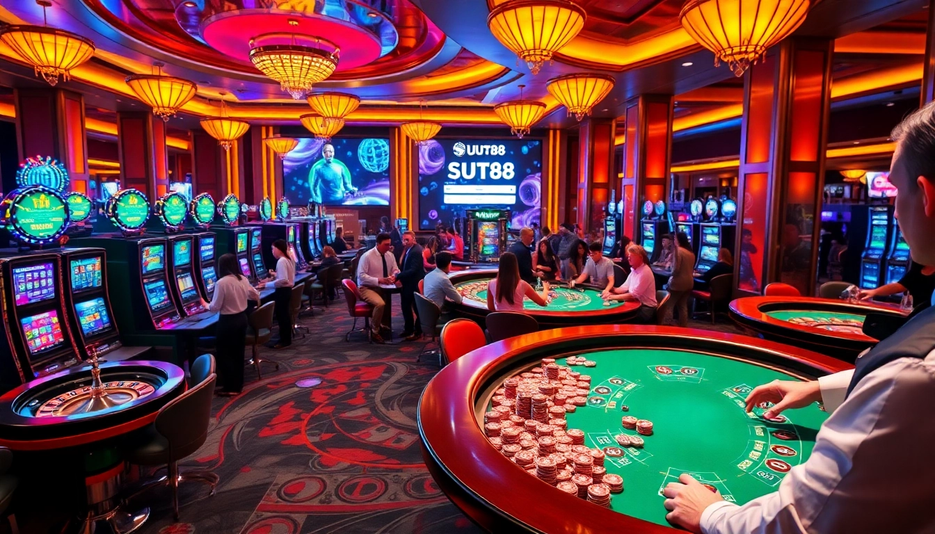 Experience the thrilling SUT88 ĐĂNG NHẬP journey in a vibrant casino with players engaged in gaming action.