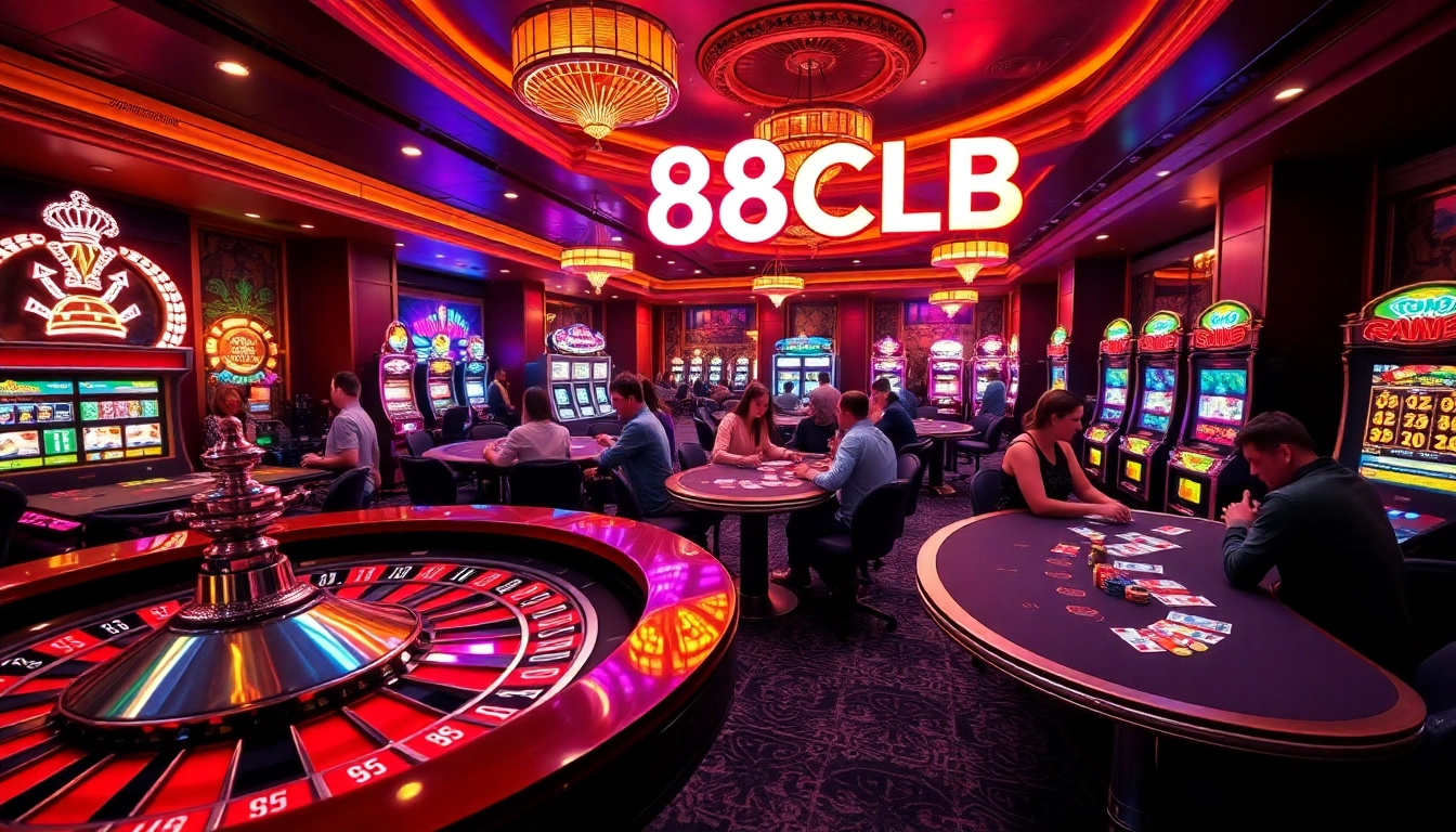 Experience the thrill of 88CLB at a vibrant casino with roulette and poker tables filled with action.