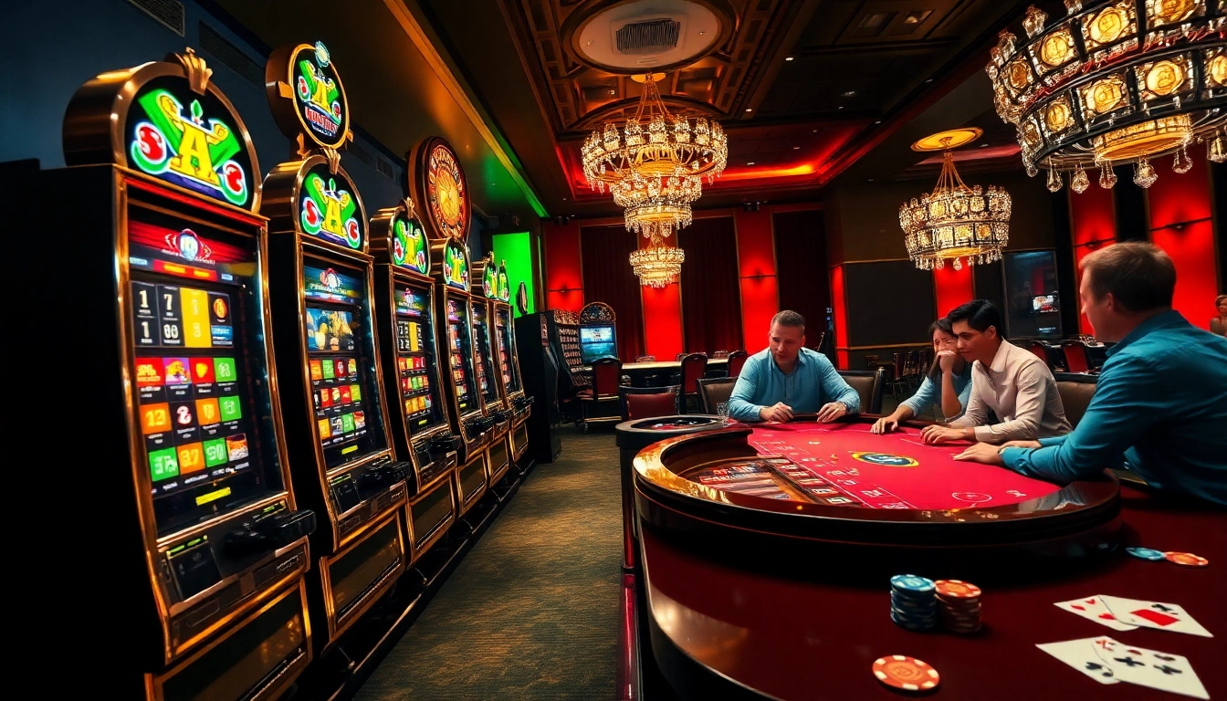 Feeling the thrill at FB88 with an exciting casino scene featuring slot machines and a lively poker game.