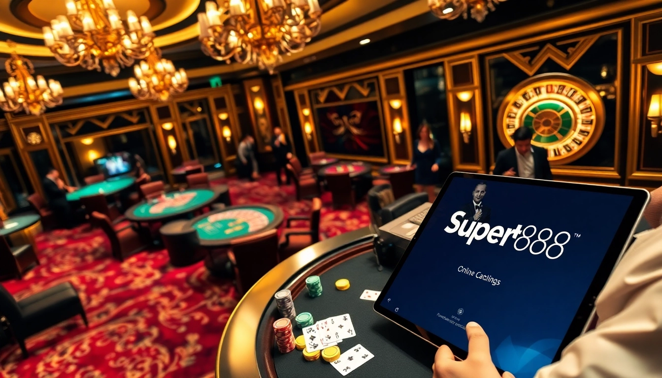 Experience thrilling gameplay at Supertkb88 with vibrant poker tables and roulette wheels in a lively casino setting.