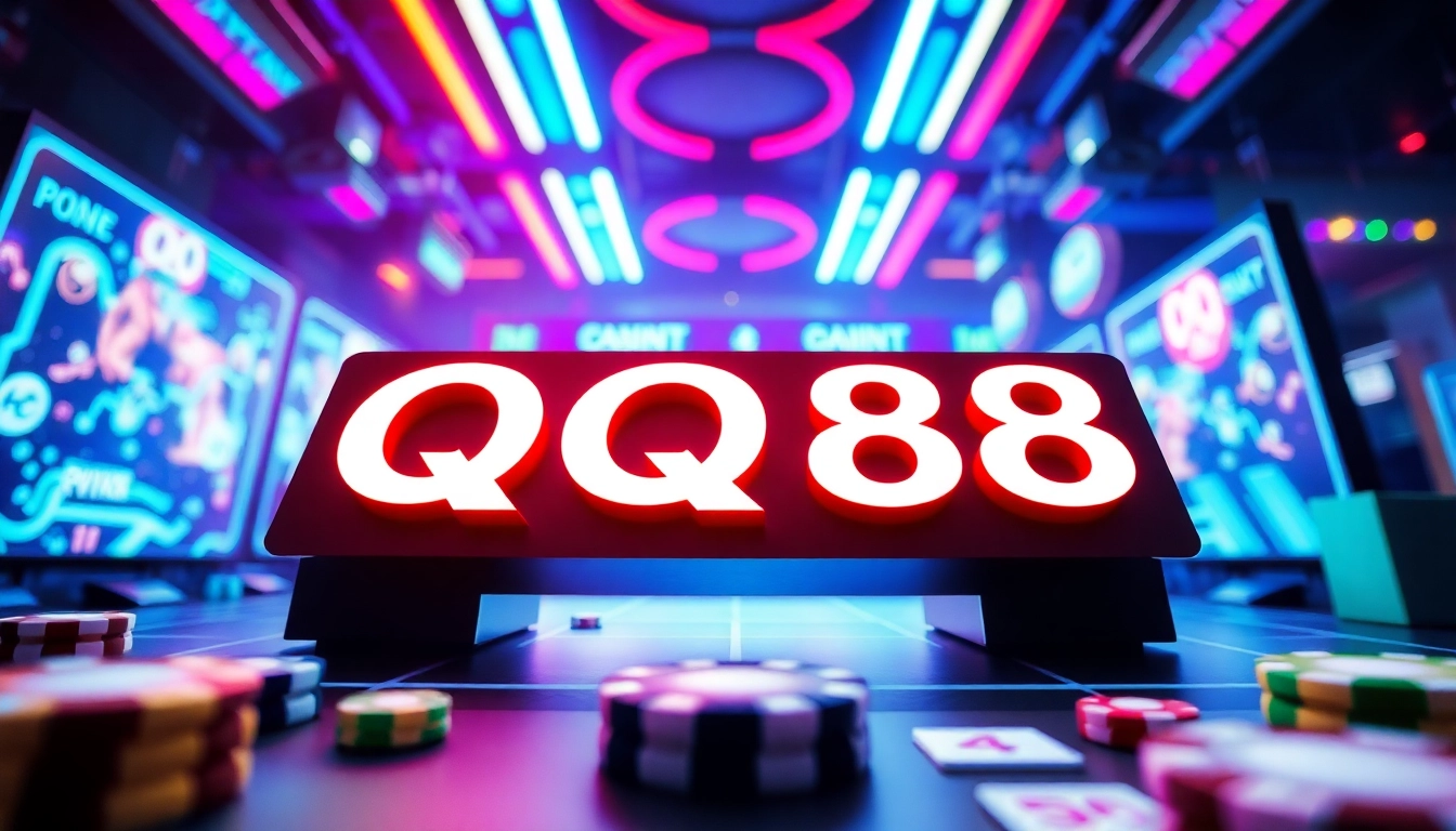 Engage with QQ88's vibrant gaming experience, showcasing dynamic elements and neon aesthetics.