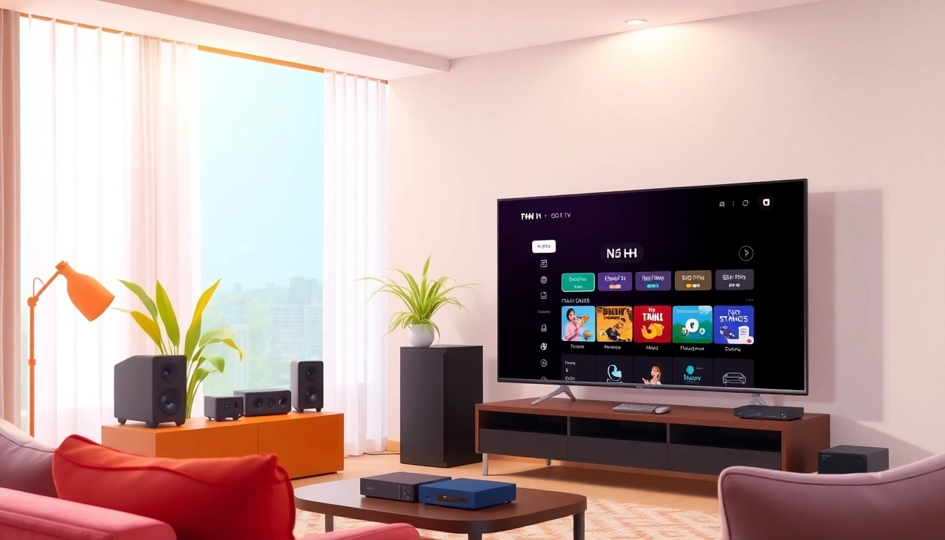 Experience the excitement of NỔ HŨ through a vibrant IPTV setup in a cozy living room.