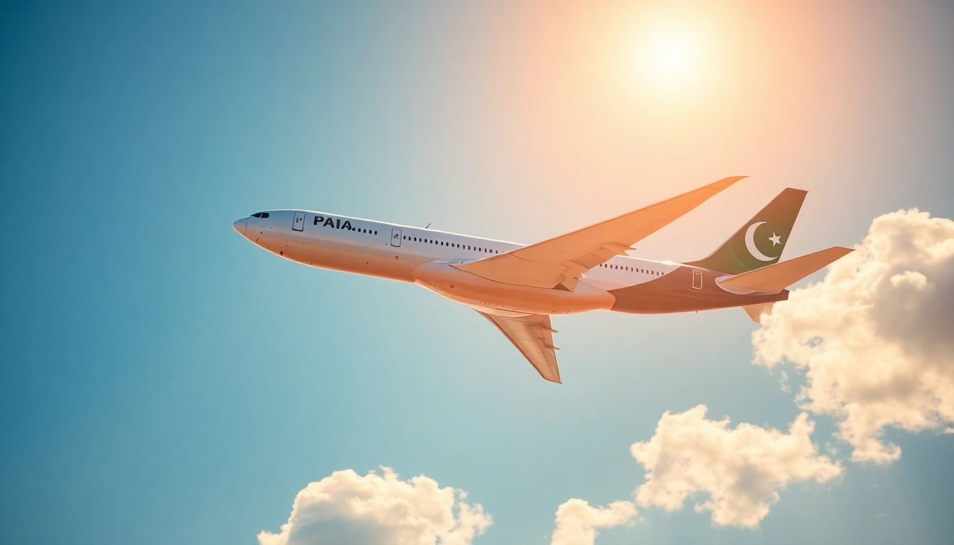 Capture the vibrant Pakistan International Airlines PK789 aircraft flying against a bright blue sky, embodying the spirit of air travel.