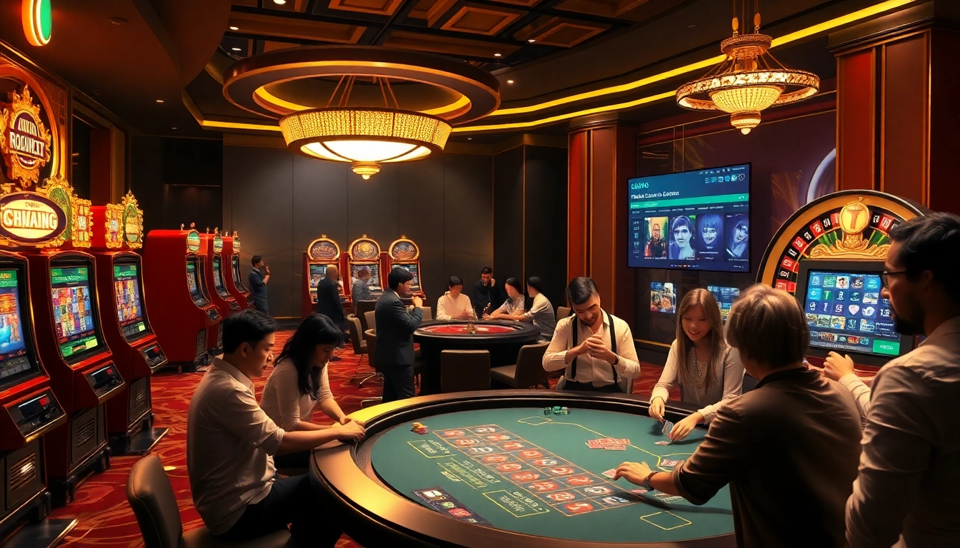 Chơi bắn cá đổi thưởng in an exciting casino scene with players at slot machines and blackjack tables.