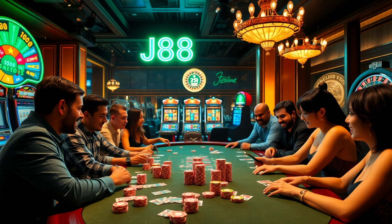Experience thrilling poker moments with J88 đăng nhập at a vibrant casino table, showcasing colorful chips and cards.