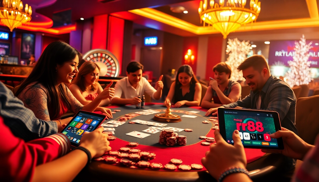Players enjoying an exhilarating game at the trang chủ rr88 poker table, surrounded by vibrant casino ambiance and winning chips.