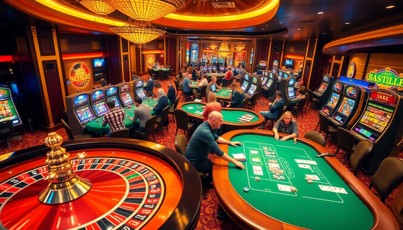 Gambling enthusiasts enjoying diverse games at deneme bonusu veren siteler featuring roulette tables and slots.