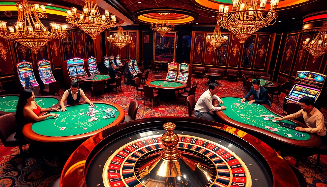 Bet88vn casino scene showcasing vibrant gaming tables and players enjoying rich gambling experiences.