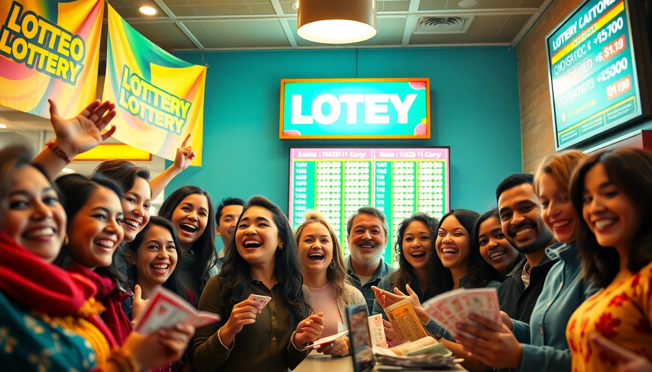 Diverse group excitedly buying lottery tickets at a vibrant counter.