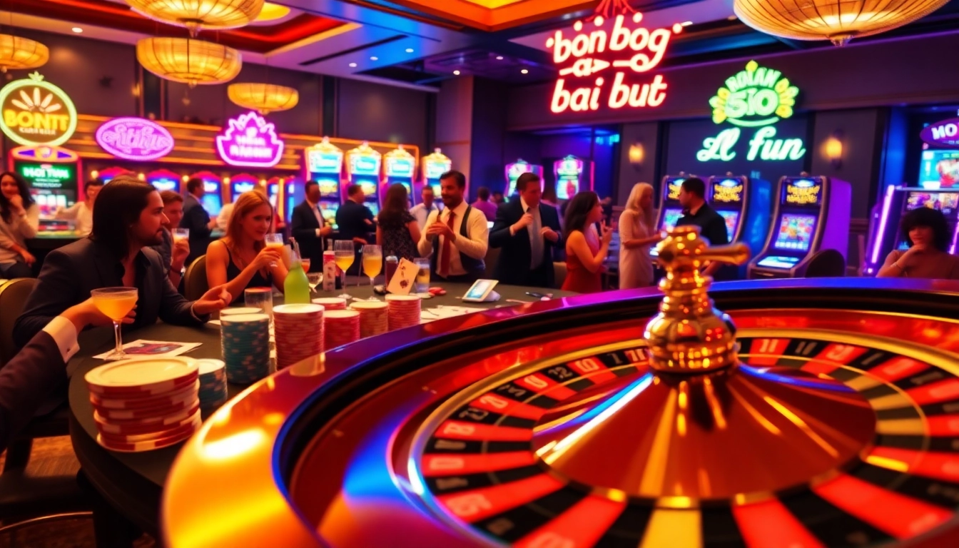 Experience the thrill of "bong da lu fun" at a casino table, where players engage with vibrant poker chips, cards, and a spinning roulette wheel.
