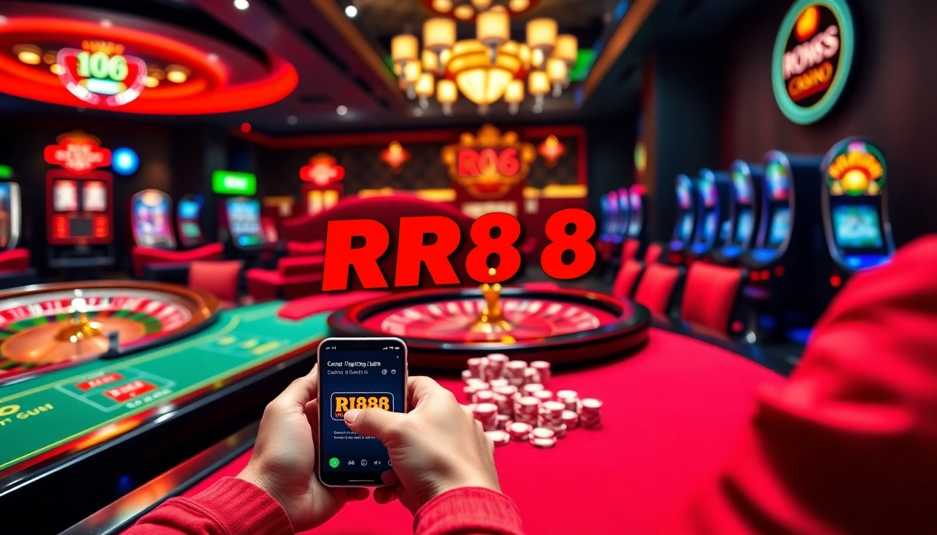 Experience the thrill of RR88 đăng nhập at a bustling online casino with flashing slot machines and lively players.