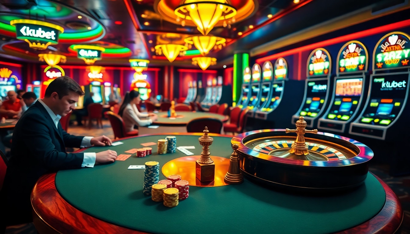 kubet casino action with poker players, vibrant slot machines, and roulette table excitement.