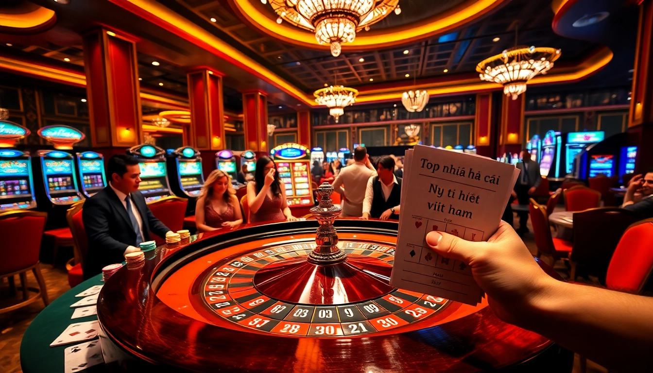 Discover the excitement of betting at the top nhà cái uy tín nhất việt nam, featuring a bustling casino with roulette tables and eager players.