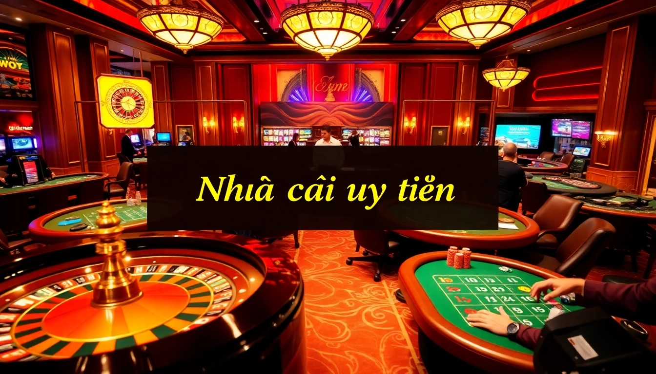A lively casino scene illustrating the excitement of Nhà cái uy tín gaming with players at roulette and poker tables.