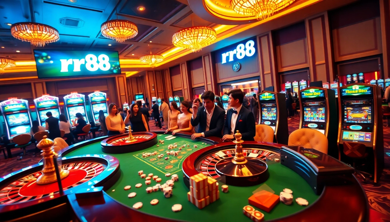 Experience the thrill of rr88 đăng nhập with vibrant casino activities, showcasing poker chips and roulette excitement.
