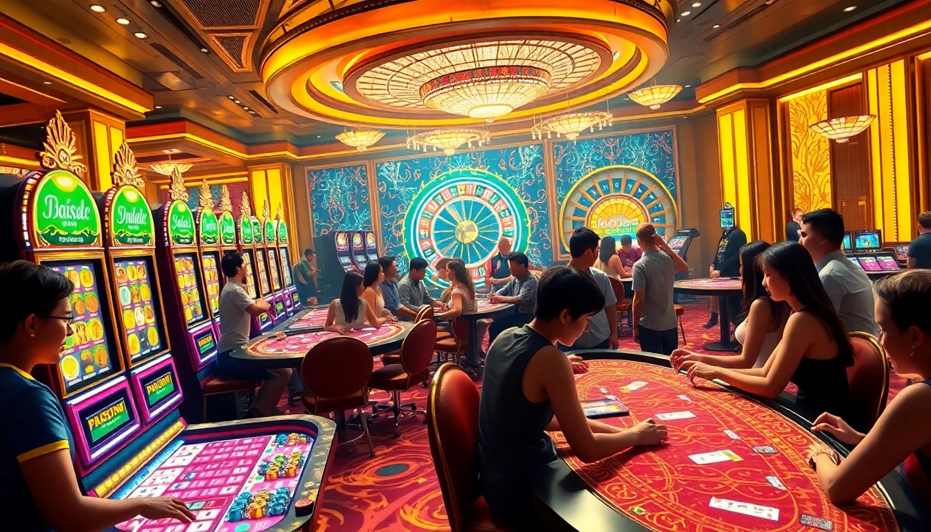 Players enjoying their experience at E2BET's luxurious casino with vibrant tables and exciting games.