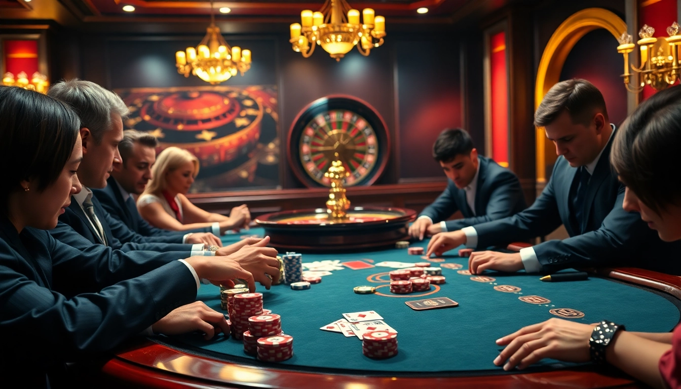 Experience the excitement of m nohu28 com at a lively casino poker table with players immersed in action.