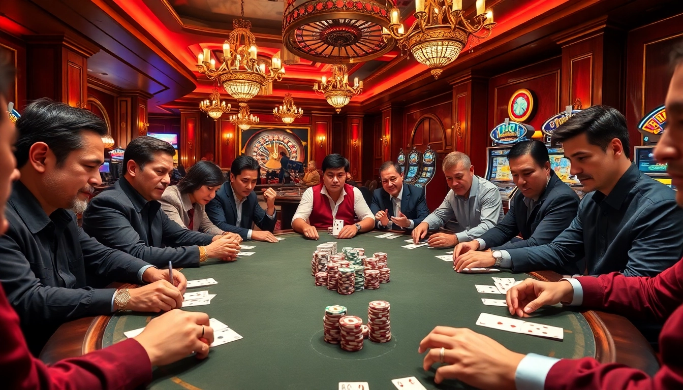 Players enjoying an intense game bài đổi thưởng at a vibrant casino table.