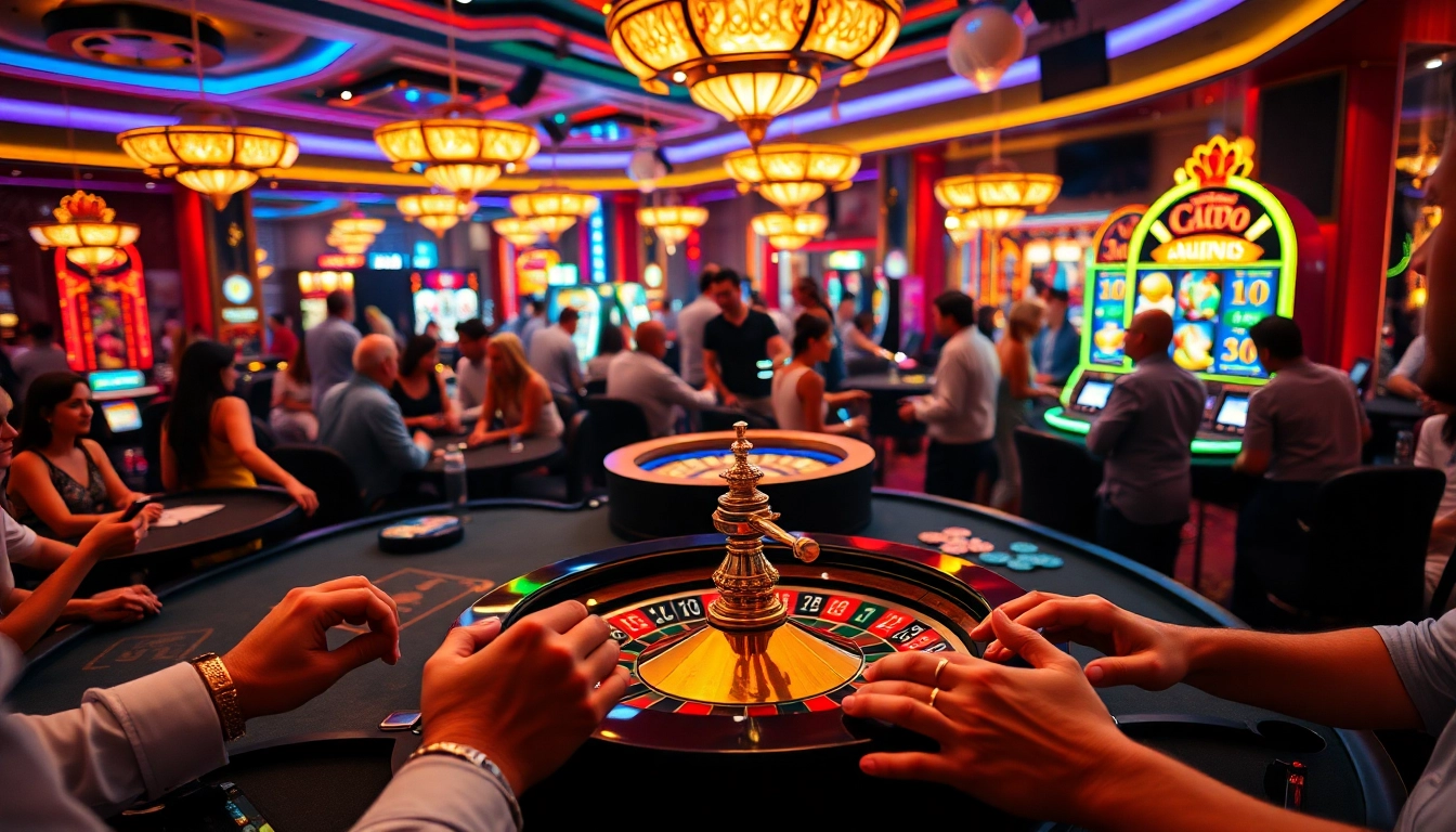 Exciting casino chat +18 scene with players engaging at tables, showcasing vibrant games and a lively atmosphere.