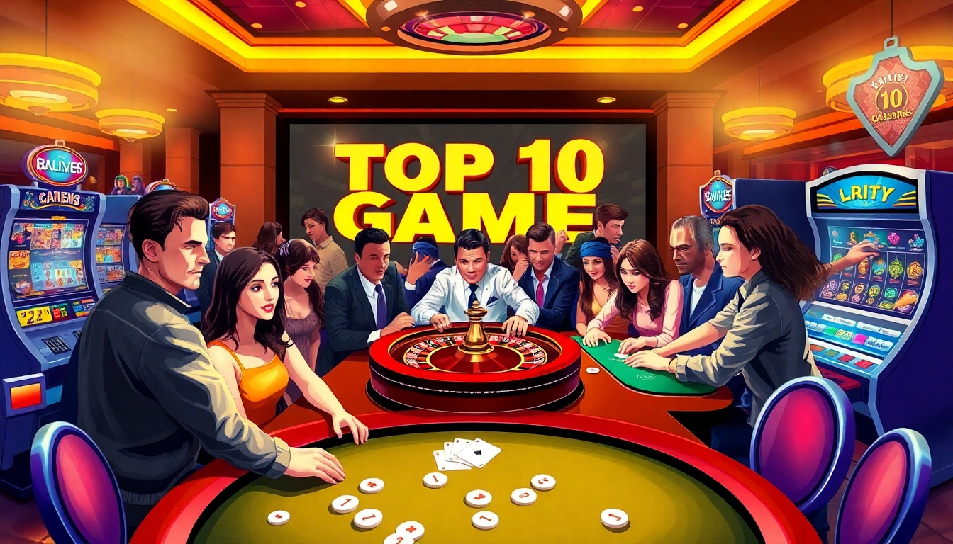 Explore the top 10 game bài đổi thưởng in a thrilling casino scene featuring interactive tables and lively players.